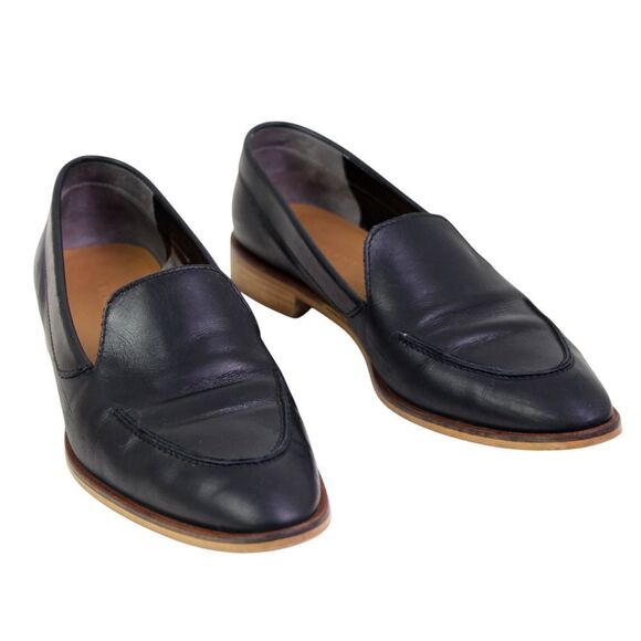 Everlane BLACK GENUINE LEATHER LOW HEEL ALMOND TOE SLIP ON LOAFER SHOES Size 10 - Picture 1 of 10